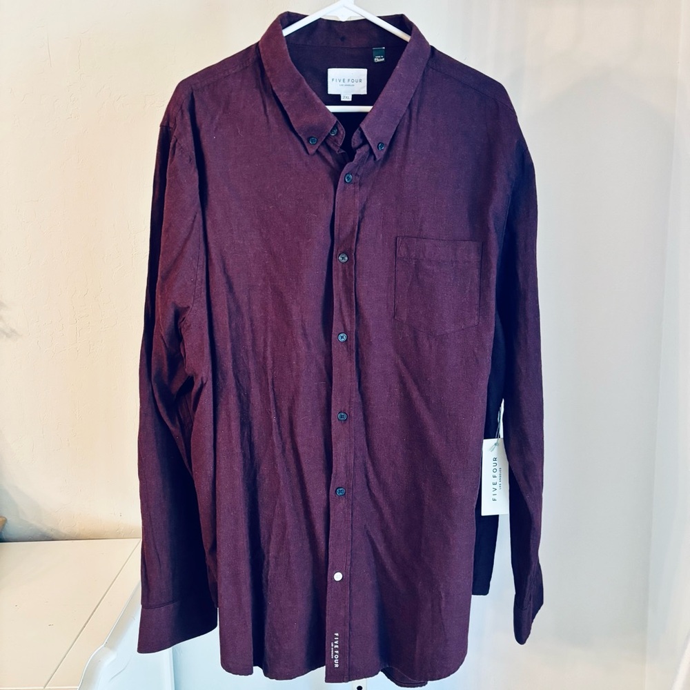 Five Four Men’s Burgundy Button Up Cotton Shirt, Size 2XL NWT